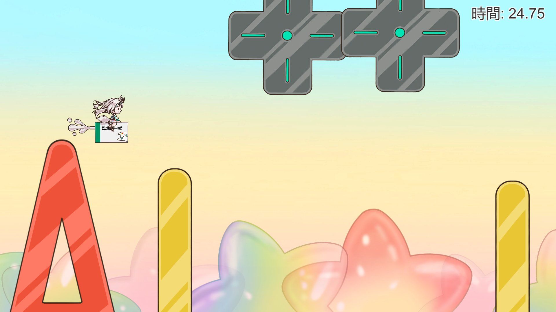 FlappyMizuki 的遊戲畫面：Q 版角色坐在飛行的牛奶盒上，穿過糖果造型的障礙物，右上角是計時。